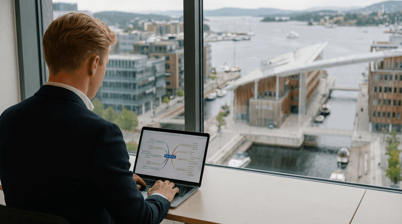 Marcus working at the office overlooking Oslo